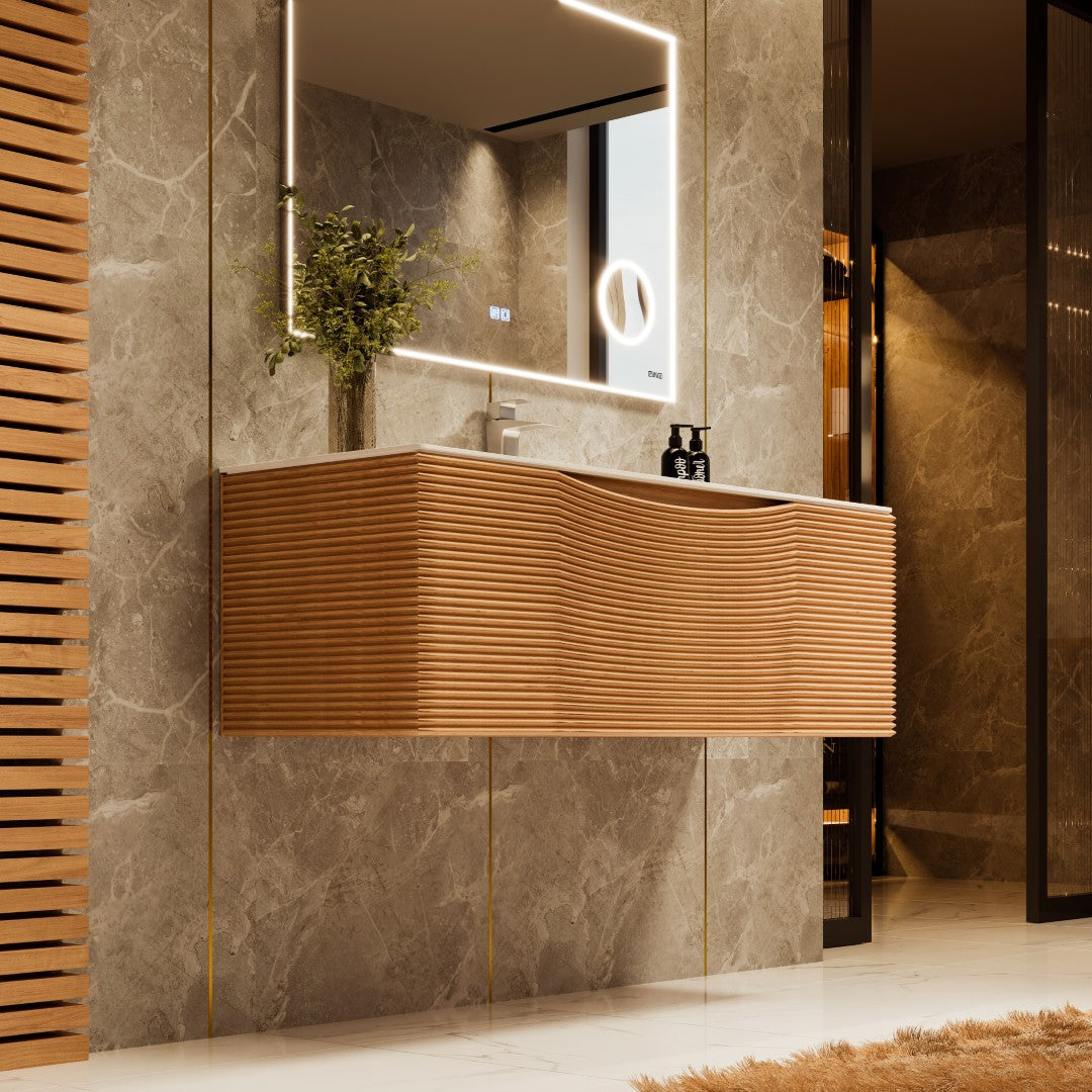 Leah 39 in. Medium Oak Wall Mount Single Sink Bath Vanity with Solid Surface Top and Integrated Sink