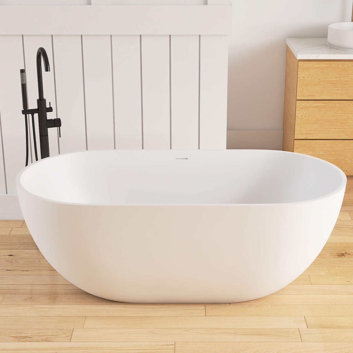 New England Home Goods Key 59" Freestanding Tub in White - Stone Resin Solid Surface