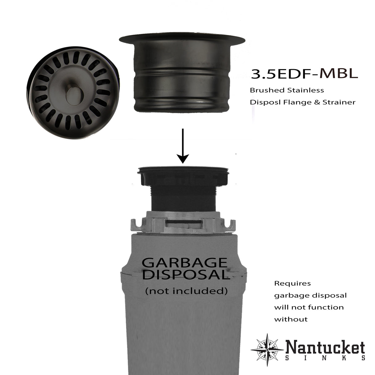 Nantucket Sink 3.5 Inch Extended Flange Disposal Kitchen Drain in Matte Black