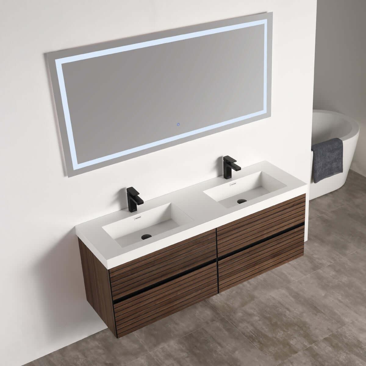 Blossom Annecy 48" Double Sink Wall-Hung Vanity - Modern Minimalist Design with Soft-Closing Drawers in Dark Walnut and Maple