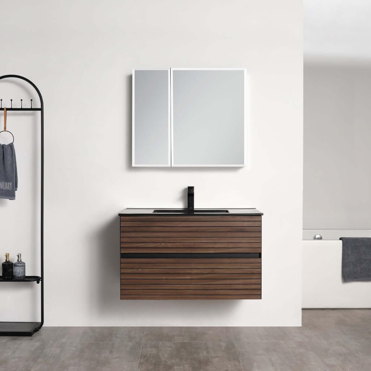 Blossom Annecy 36″ Wall-Hung Vanity - Modern Minimalist Design with Soft-Closing Drawers in Dark Walnut and Maple