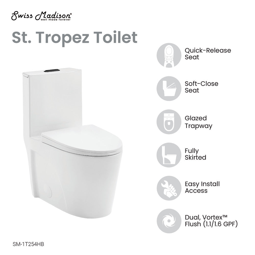 St. Tropez One Piece Elongated Toilet Dual Vortex™ Flush, Black Hardware