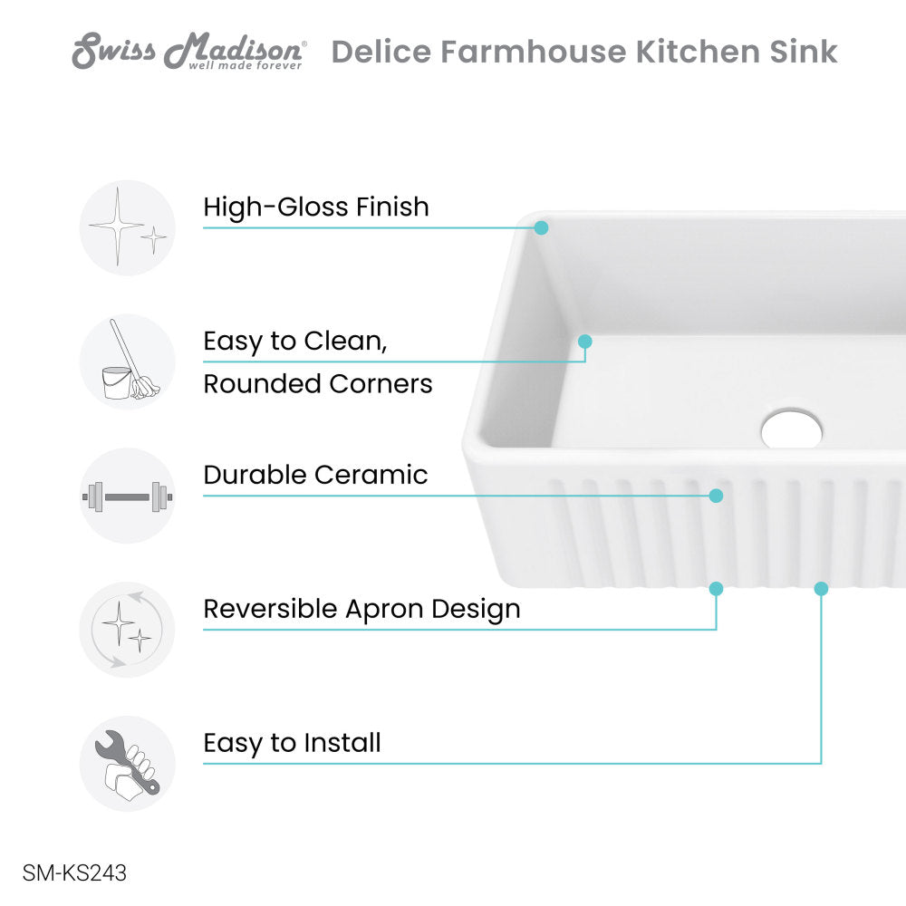 Delice 30 x 18 Ceramic, Farmhouse Kitchen Sink with Apron