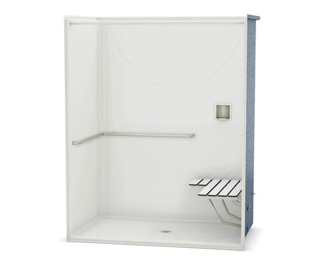Aker OPS-6036-RS AcrylX Alcove Center Drain One-Piece Shower in White - ADA Grab Bar and Seat
