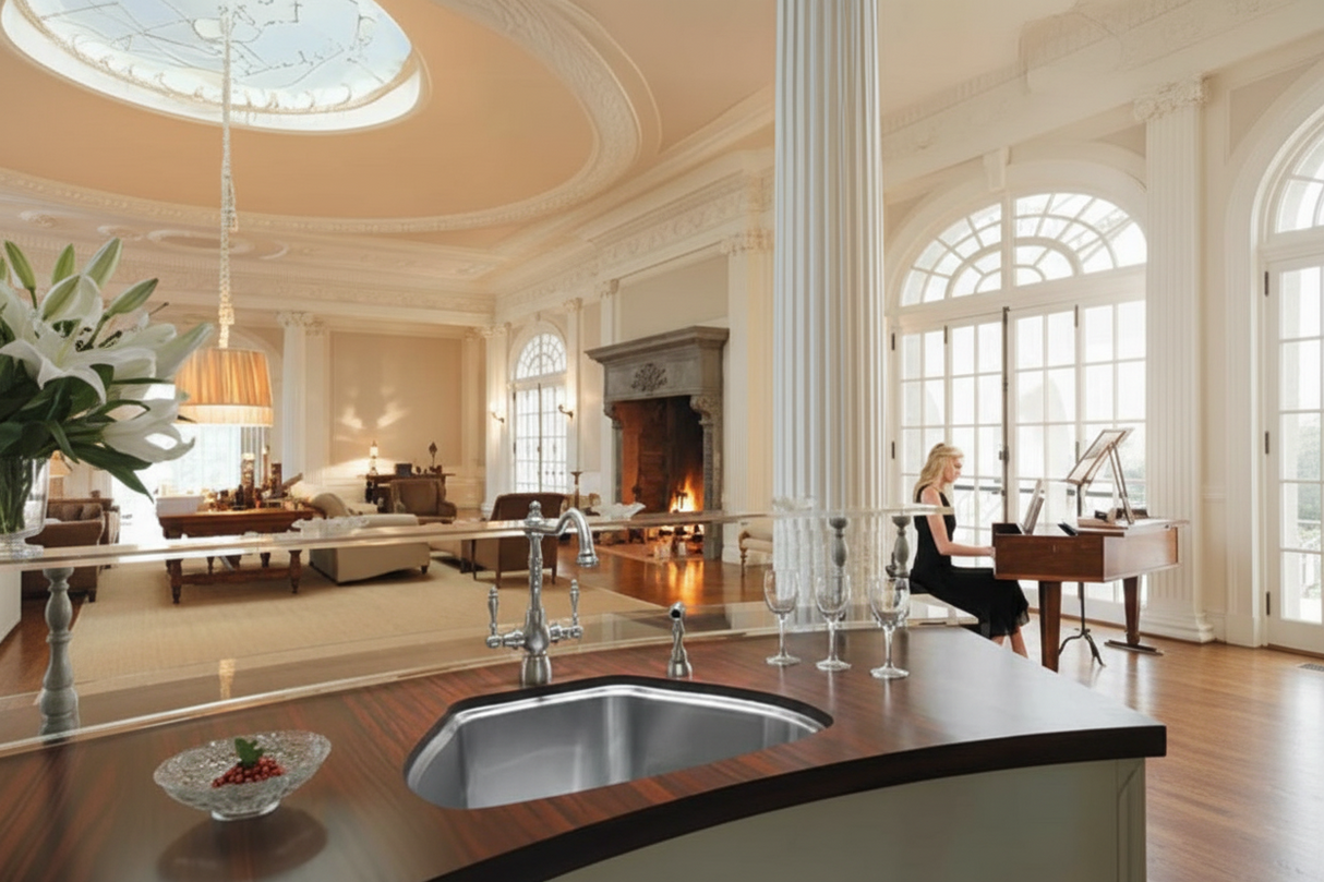 Luxurious kitchen with a large island, sink, and elegant decor.