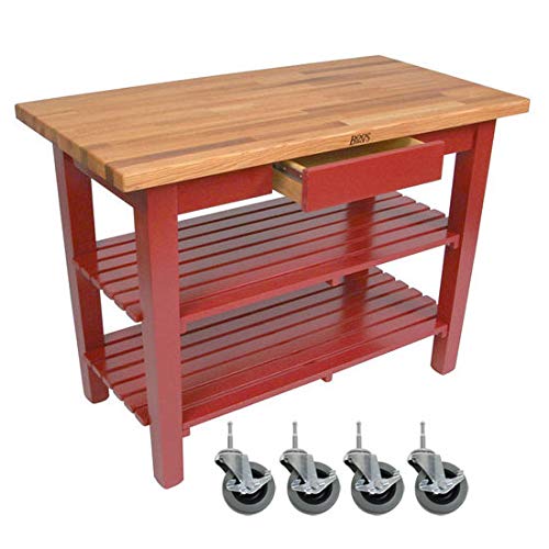 John Boos OC4830C-D-2S-BN Oak Table Block With 2 Shelves 1 Drawer, and Casters, 48" W x 30" D 35" H, Barn Red
