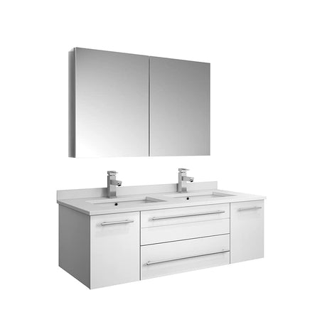 Fresca FVN6148WH-UNS-D Fresca Lucera 48" White Wall Hung Double Undermount Sink Modern Bathroom Vanity w/ Medicine Cabinet