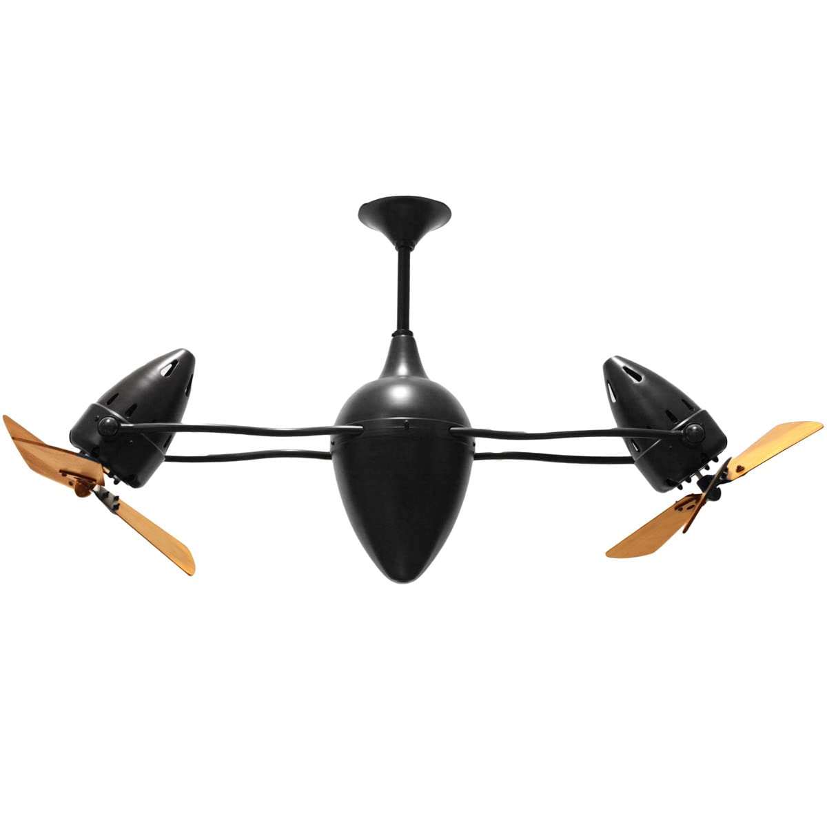 Matthews Fan AR-BK-WD Ar Ruthiane 360° dual headed rotational ceiling fan in Matte Black finish with solid sustainable mahogany wood blades.