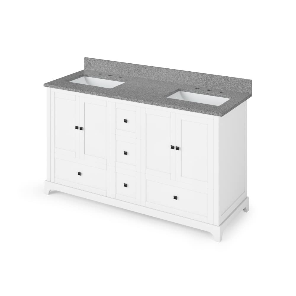 Jeffrey Alexander VKITADD60WHSGR 60" White Addington Vanity, double bowl, Steel Grey Cultured Marble Vanity Top, two undermount rectangle bowls
