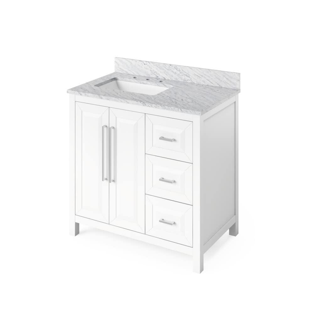 Jeffrey Alexander VKITCAD36WHWCR 36" White Cade Vanity, left offset, White Carrara Marble Vanity Top, undermount rectangle bowl