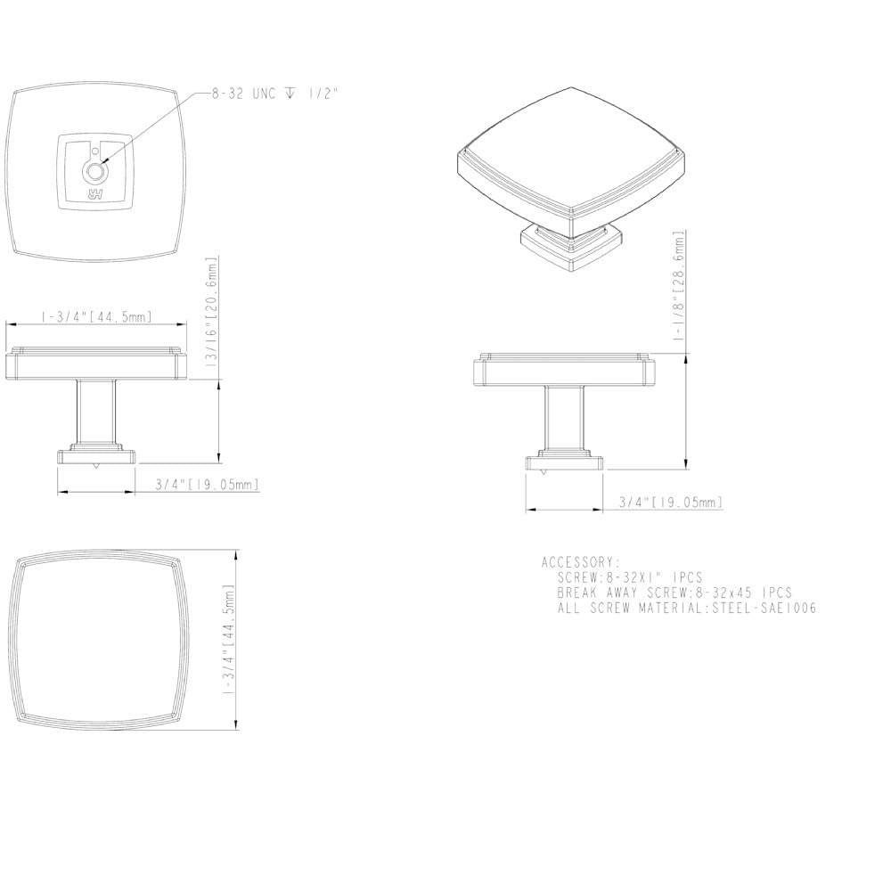 Jeffrey Alexander 141L-PC 1-3/4" Overall Length Polished Chrome Square Renzo Cabinet Knob