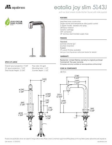 Aquabrass 5143J-PC Eatalia Joy Slim Pull-Out Dual Stream Mode Kitchen Faucet Polished Chrome