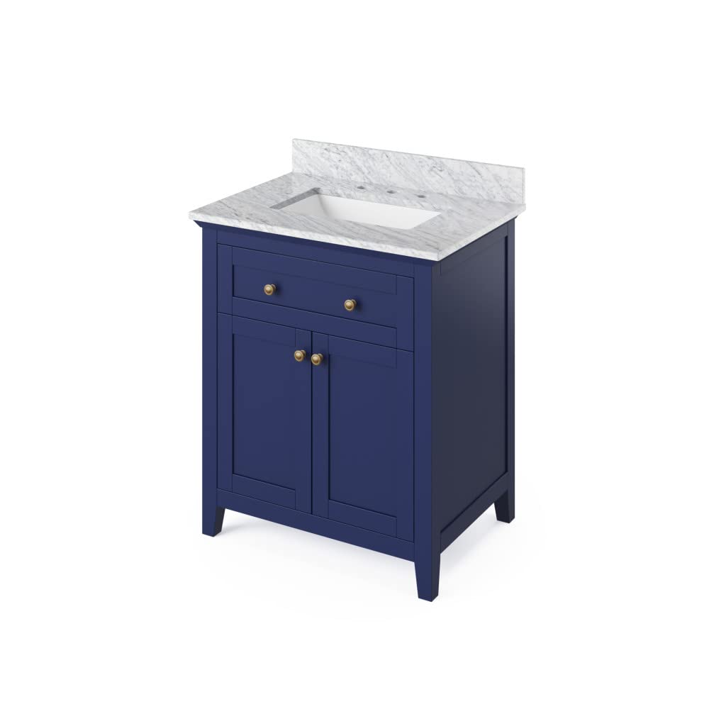 Jeffrey Alexander VKITCHA30BLWCR 30" Hale Blue Chatham Vanity, White Carrara Marble Vanity Top, undermount rectangle bowl