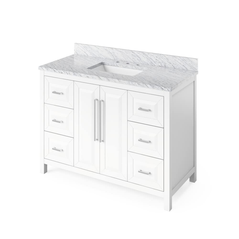 Jeffrey Alexander VKITCAD48WHWCR 48" White Cade Vanity, White Carrara Marble Vanity Top, undermount rectangle bowl