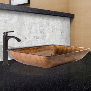 VIGO VGT486 22.5" L -14.5" W -12.38" H Handmade Countertop Glass Rectangle Vessel Bathroom Sink Set in Light Wood Finish with Antique Rubbed Bronze Single-Handle Single Hole Faucet and Pop Up Drain