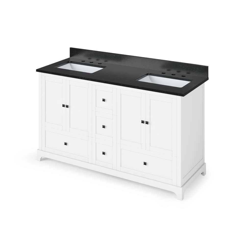 Jeffrey Alexander VKITADD60WHBGR 60" White Addington Vanity, double bowl, Black Granite Vanity Top, two undermount rectangle bowls