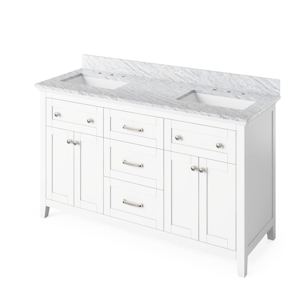Jeffrey Alexander VKITCHA60WHWCR 60" White Chatham Vanity, double bowl, White Carrara Marble Vanity Top, two undermount rectangle bowls