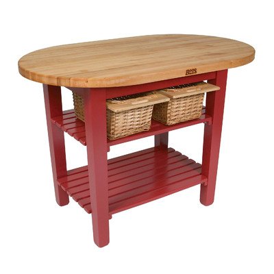 John Boos C-ELIP7230175-S-BN C-Elip Country-Style Elliptical Butcher Block Table - 72" W, 30" D, One Shelf, Barn Red Base
