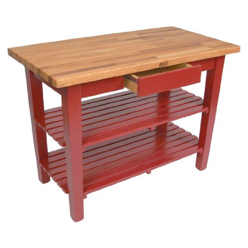John Boos OC6036-2S-BN OC Oak Country Table - Blended Butcher Block Top, 60"W x 36"D Two Shelves, Barn Red Base