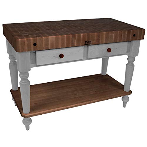 John Boos WAL-CUCR05-SHF-UG Walnut Rustica - 4" Thick Butcher Block 48"W x 24"D w/Shelf, Gray Stained Base