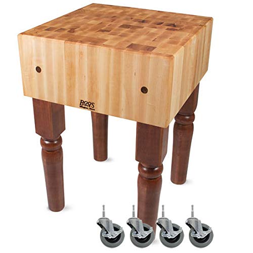 John Boos AB01-C-CR AB Series Block with 10" Thick Hard Maple Top, With Casters, 18" W x D 34" H, Warm Cherry Stain BLOCK 18X18X10 W/CASTERS-