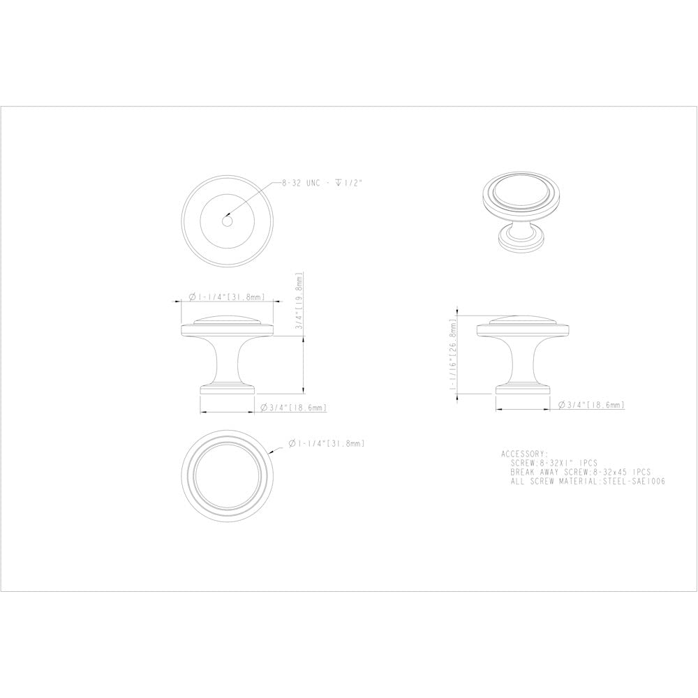 Elements 3970-MB 1-3/16" Diameter Matte Black Kenner Cabinet Mushroom Knob