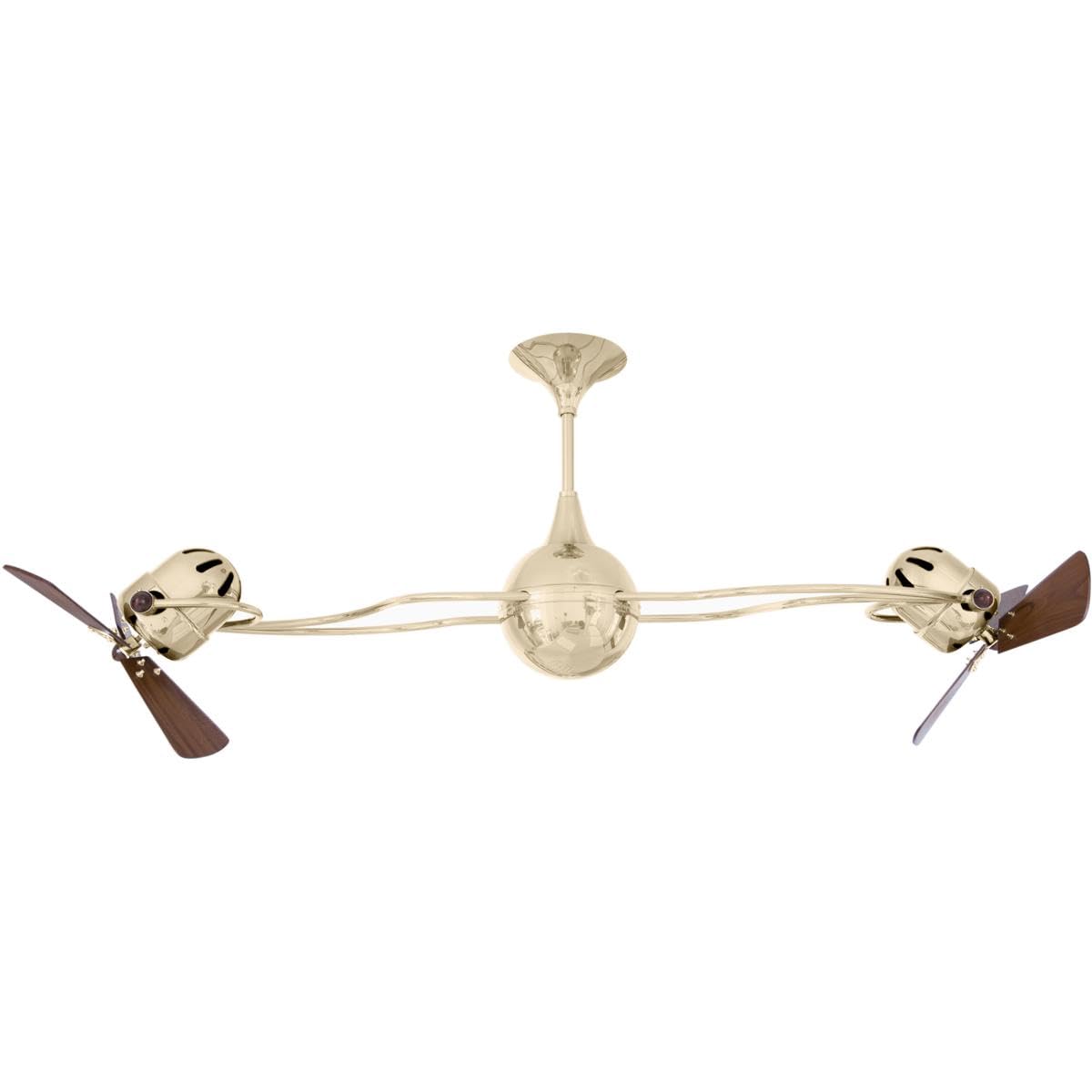 Matthews Fan IV-PB-WD Italo Ventania 360° dual headed rotational ceiling fan in polished brass finish with solid sustainable mahogany wood blades.