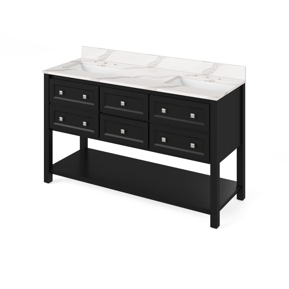 Jeffrey Alexander VKITADL60BKCQR 60" Black Adler Vanity, double bowl, Calacatta Vienna Quartz Vanity Top, two undermount rectangle bowls