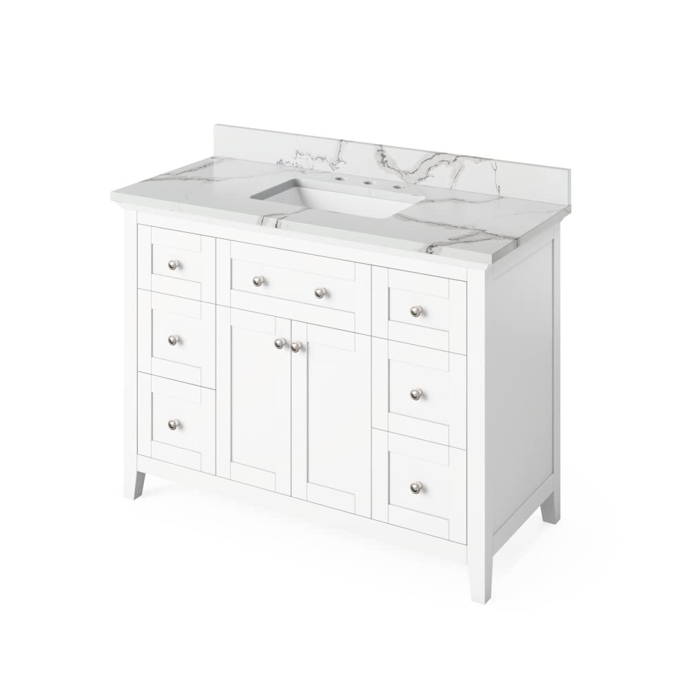 Jeffrey Alexander VKITCHA48WHCQR 48" White Chatham Vanity, Calacatta Vienna Quartz Vanity Top, undermount rectangle bowl