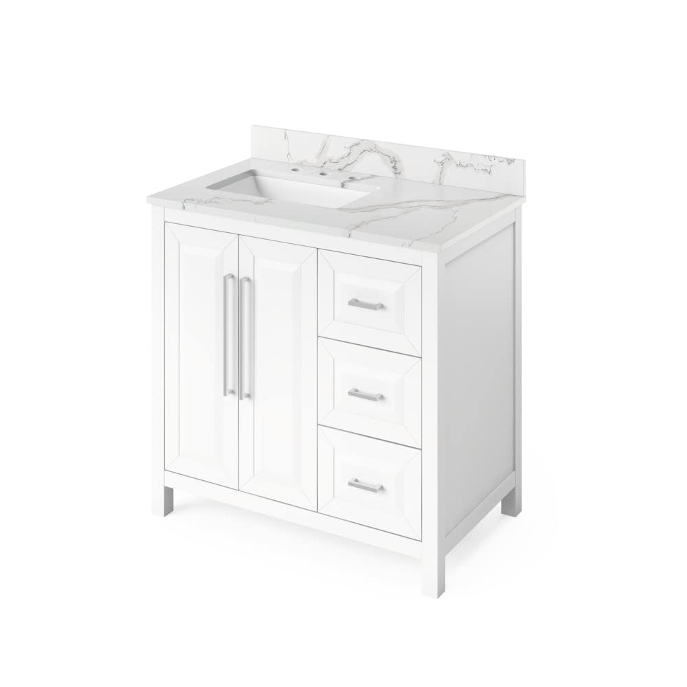 Jeffrey Alexander VKITCAD36WHCQR 36" White Cade Vanity, left offset, Calacatta Vienna Quartz Vanity Top, undermount rectangle bowl