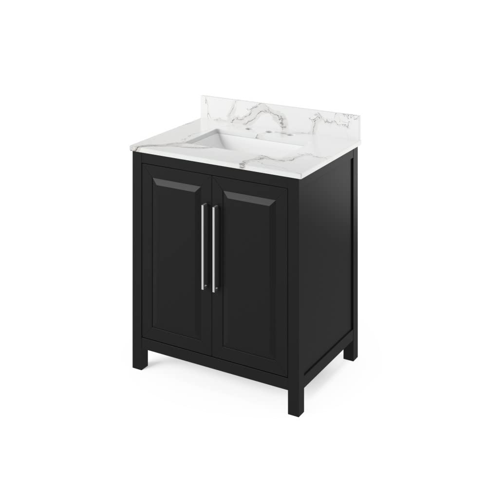 Jeffrey Alexander VKITCAD30BKCQR 30" Black Cade Vanity, Calacatta Vienna Quartz Vanity Top, undermount rectangle bowl