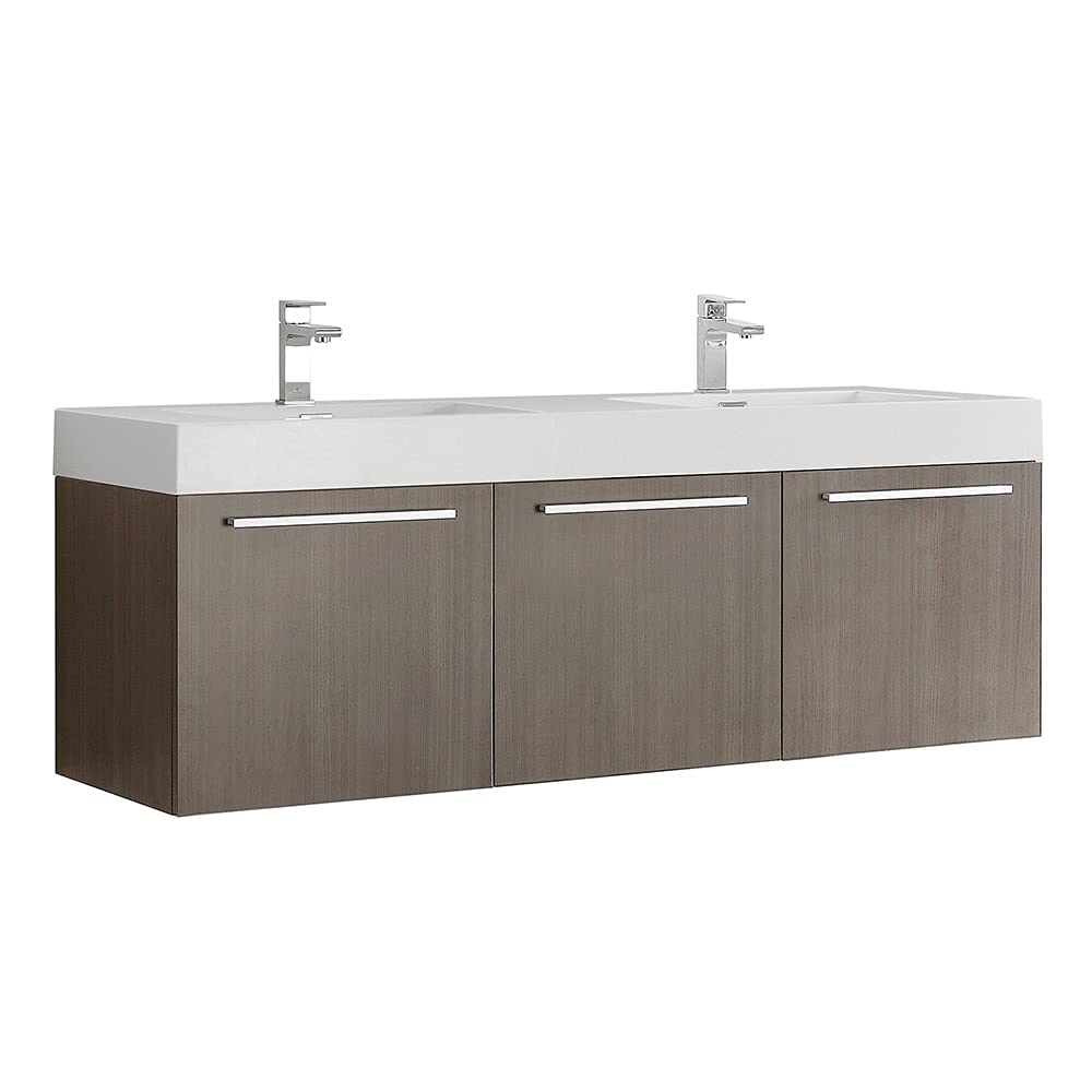Fresca FCB8093GO-D-I Fresca Vista 60" Gray Oak Wall Hung Double Sink Modern Bathroom Cabinet w/ Integrated Sink