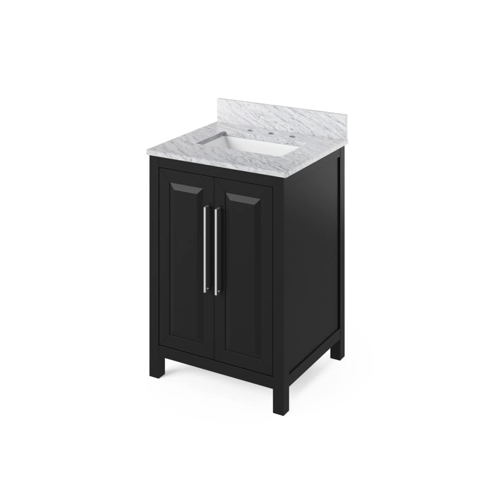 Jeffrey Alexander VKITCAD24BKWCR 24" Black Cade Vanity, White Carrara Marble Vanity Top, undermount rectangle bowl