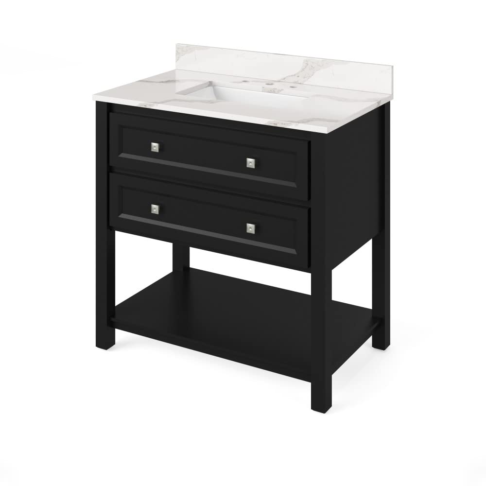 Jeffrey Alexander VKITADL36BKCQR 36" Black Adler Vanity, Calacatta Vienna Quartz Vanity Top, undermount rectangle bowl
