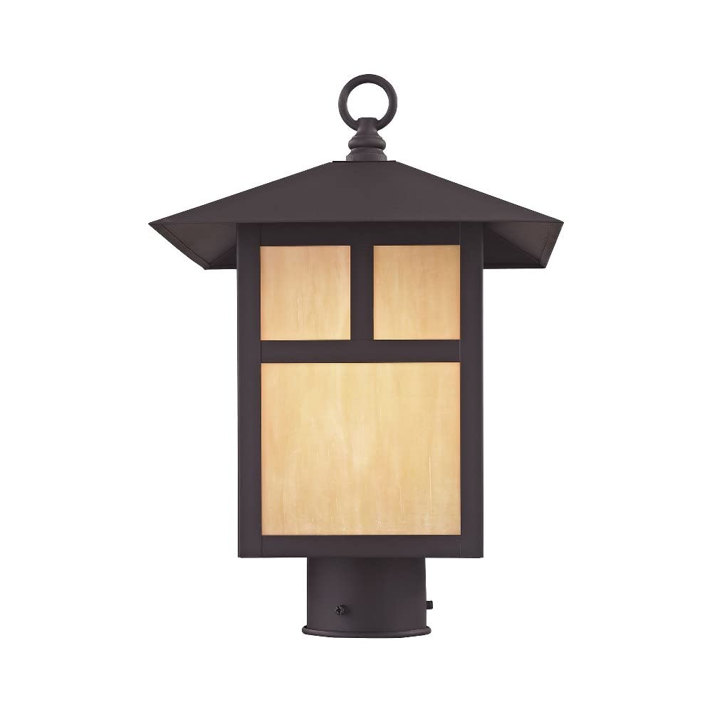 Livex Lighting 2134-07 Montclair Mission 1 Light Outdoor Bronze Finish Solid Brass Post Head with Iridescent Tiffany Glass