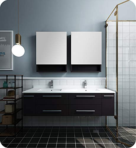 Fresca FVN6160ES-UNS-D Fresca Lucera 60" Espresso Wall Hung Double Undermount Sink Modern Bathroom Vanity w/ Medicine Cabinets