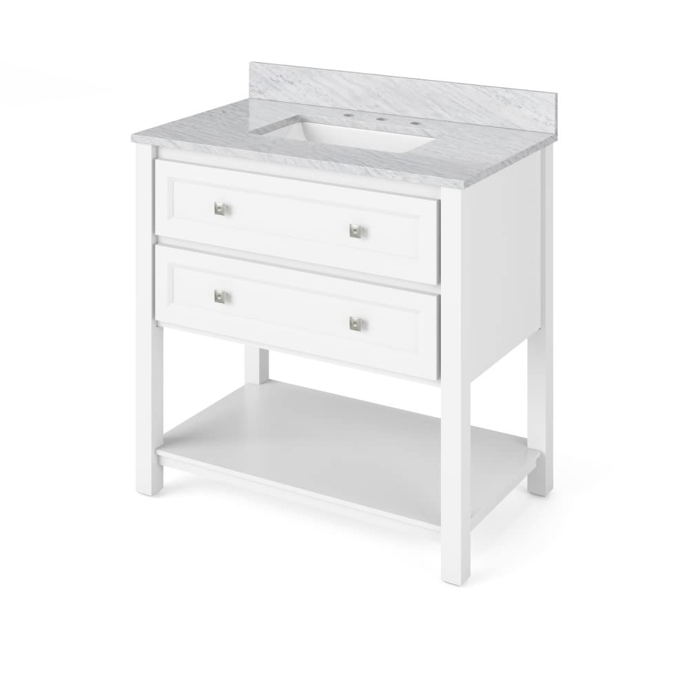 Jeffrey Alexander VKITADL36WHWCR 36" White Adler Vanity, White Carrara Marble Vanity Top, undermount rectangle bowl