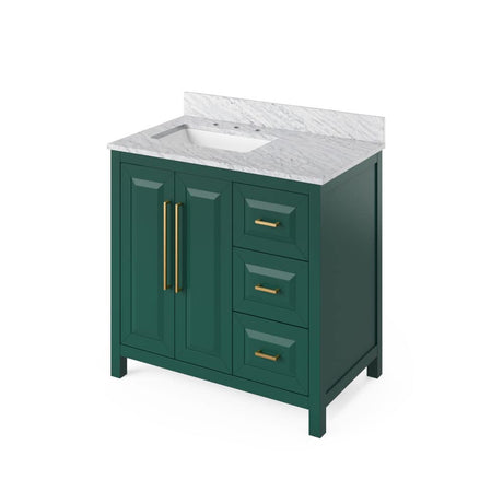 Jeffrey Alexander VKITCAD36GNWCR 36" Forest Green Cade Vanity, left offset, White Carrara Marble Vanity Top, undermount rectangle bowl