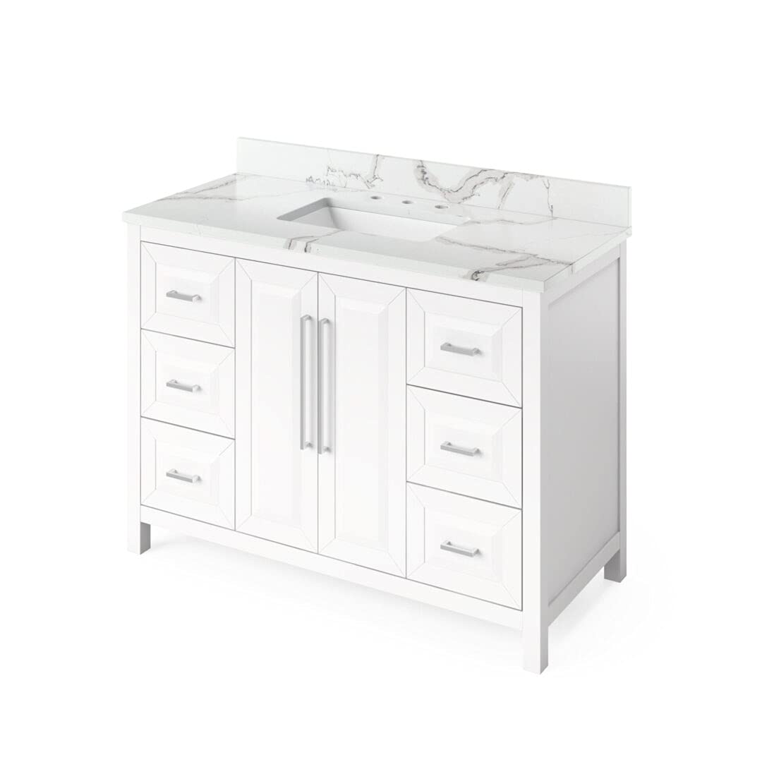 Jeffrey Alexander VKITCAD48WHCQR 48" White Cade Vanity, Calacatta Vienna Quartz Vanity Top, undermount rectangle bowl