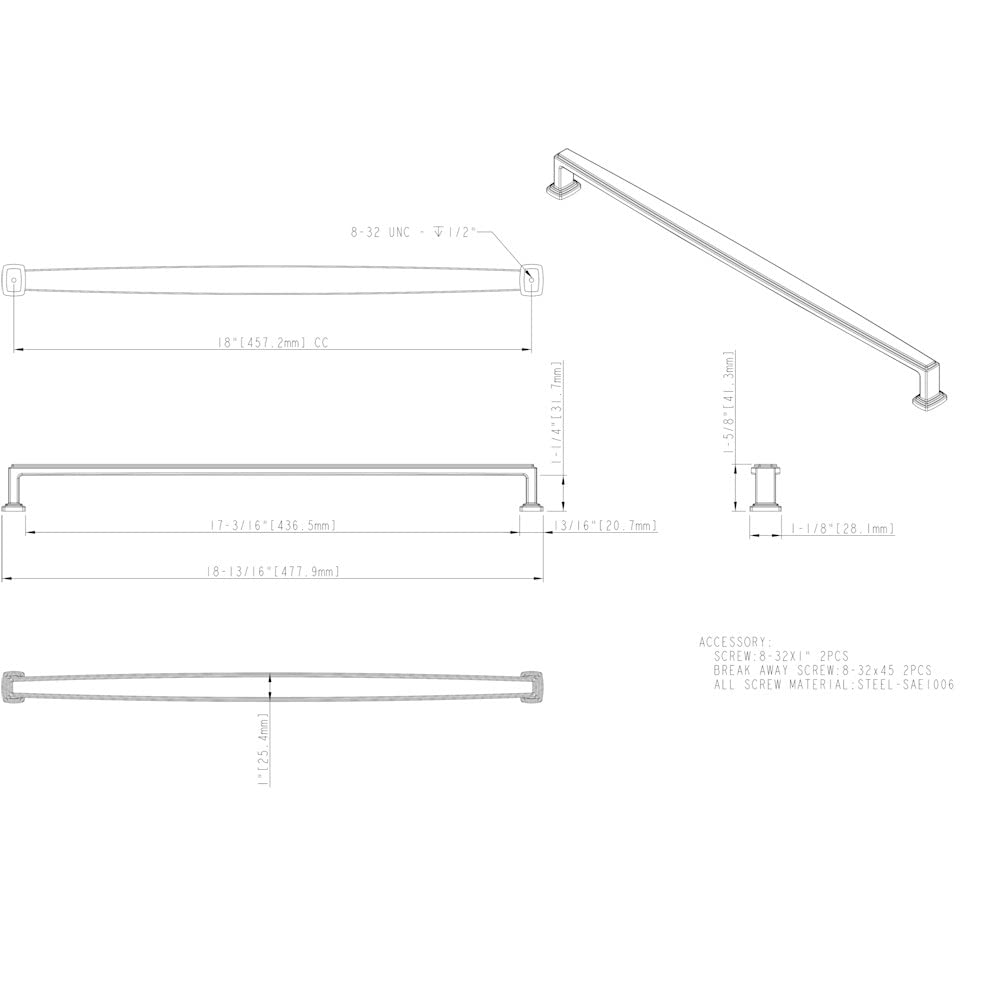 Jeffrey Alexander 171-18SN 18" Center-to-Center Satin Nickel Richard Appliance Handle