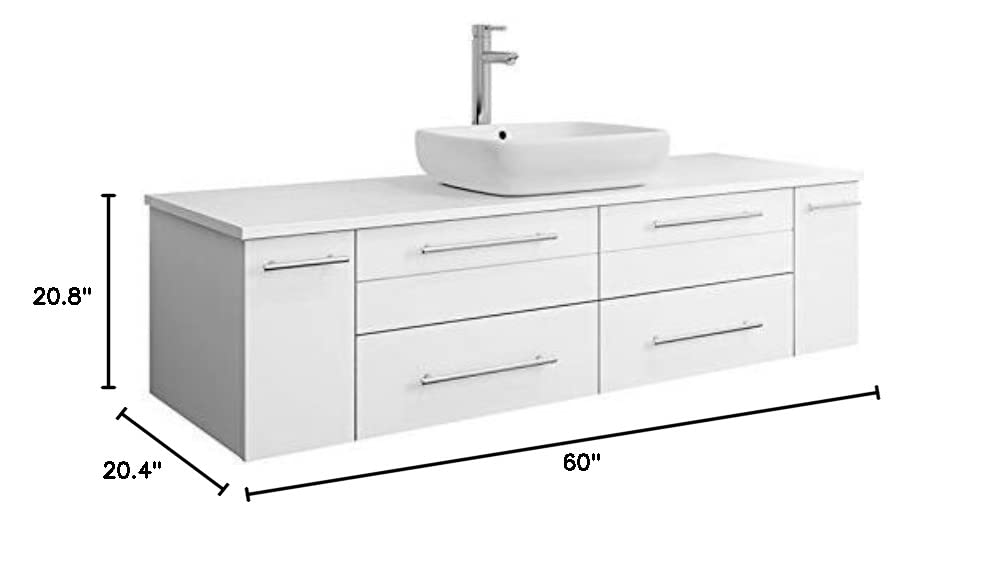 Fresca FCB6160WH-VSL-CWH-V Fresca Lucera 60" White Wall Hung Modern Bathroom Cabinet w/ Top & Single Vessel Sink