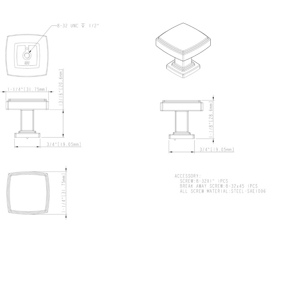 Jeffrey Alexander 141DBAC 1-1/4" Overall Length Brushed Oil Rubbed Bronze Square Renzo Cabinet Knob