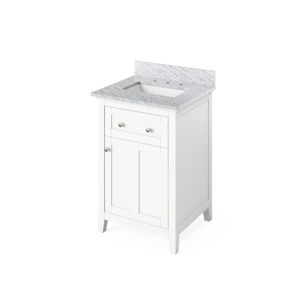 Jeffrey Alexander VKITCHA24WHWCR 24" White Chatham Vanity, White Carrara Marble Vanity Top, undermount rectangle bowl