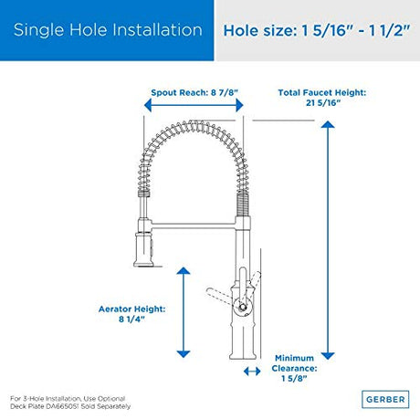 Gerber D455237 Chrome Kinzie Pre-rinse Single Handle Spring Spout Kitchen Faucet