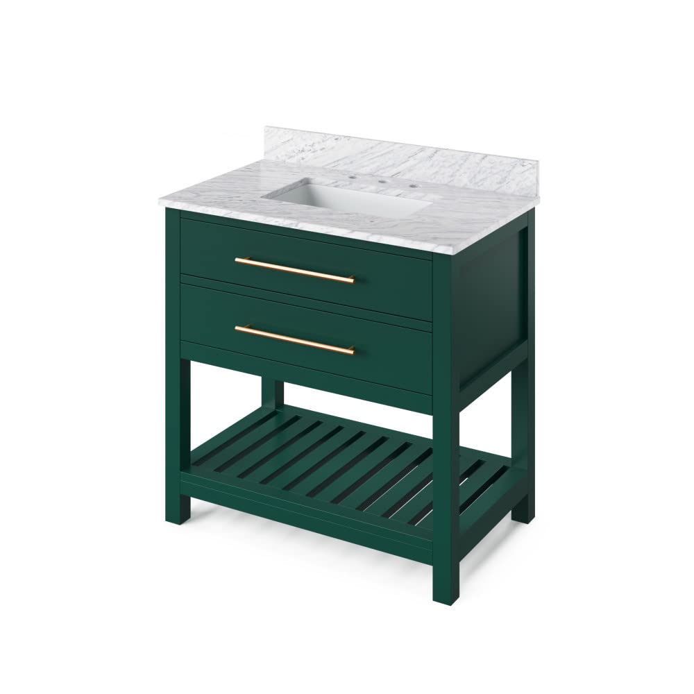 Jeffrey Alexander VKITWAV36GNWCR 36" Forest Green Wavecrest Vanity, White Carrara Marble Vanity Top, undermount rectangle bowl