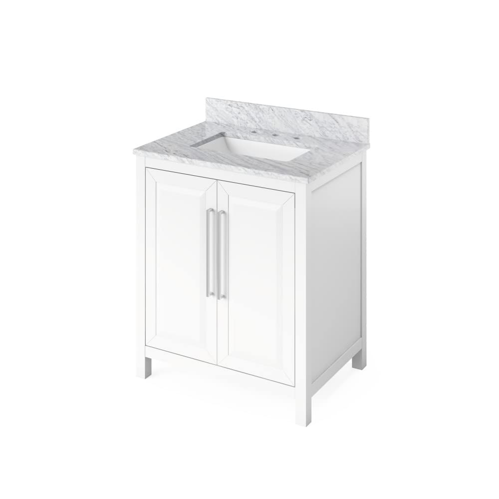 Jeffrey Alexander VKITCAD30WHWCR 30" White Cade Vanity, White Carrara Marble Vanity Top, undermount rectangle bowl