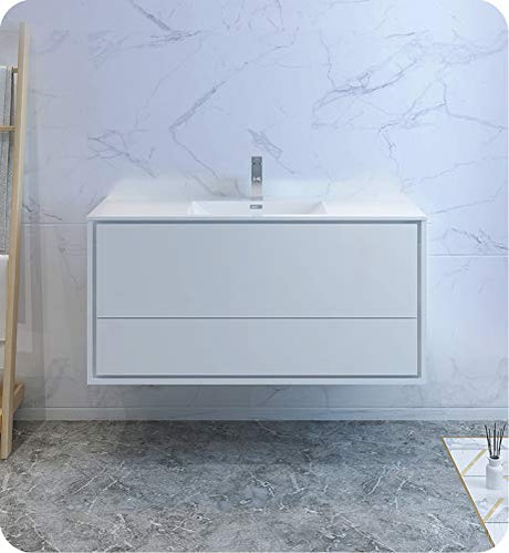 Fresca FCB9248WH-I Fresca Catania 48" Glossy White Wall Hung Modern Bathroom Cabinet w/ Integrated Sink