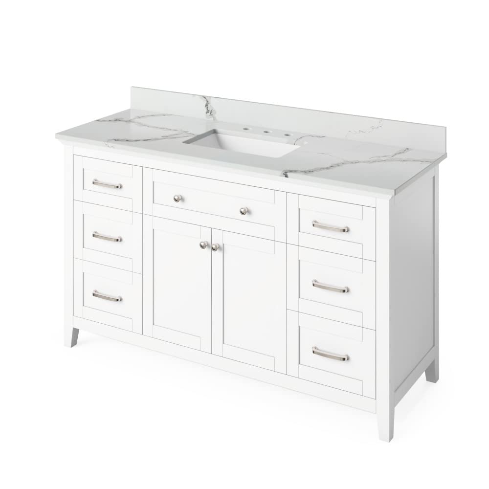 Jeffrey Alexander VKITCHA60SWHCQR 60" White Chatham Vanity, Calacatta Vienna Quartz Vanity Top, undermount rectangle bowl