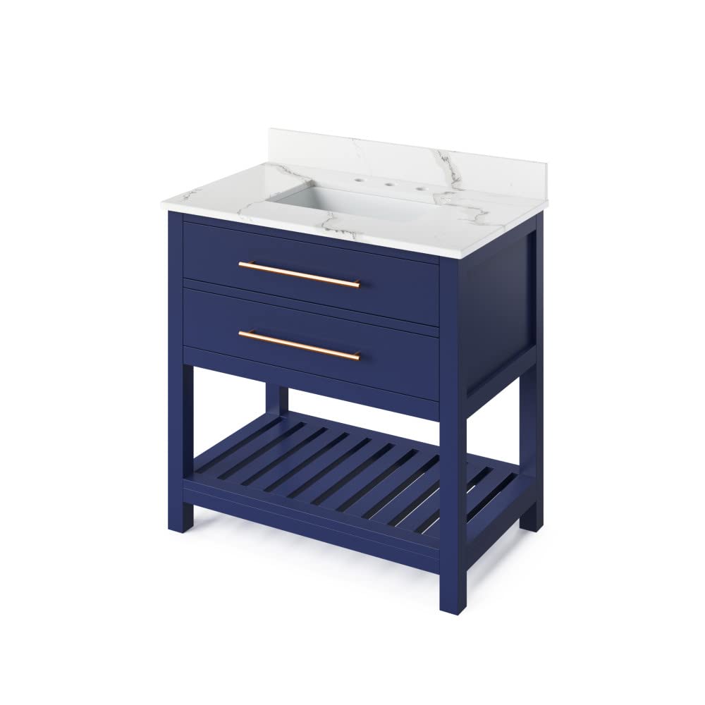 Jeffrey Alexander VKITWAV36BLCQR 36" Hale Blue Wavecrest Vanity, Calacatta Vienna Quartz Vanity Top, undermount rectangle bowl