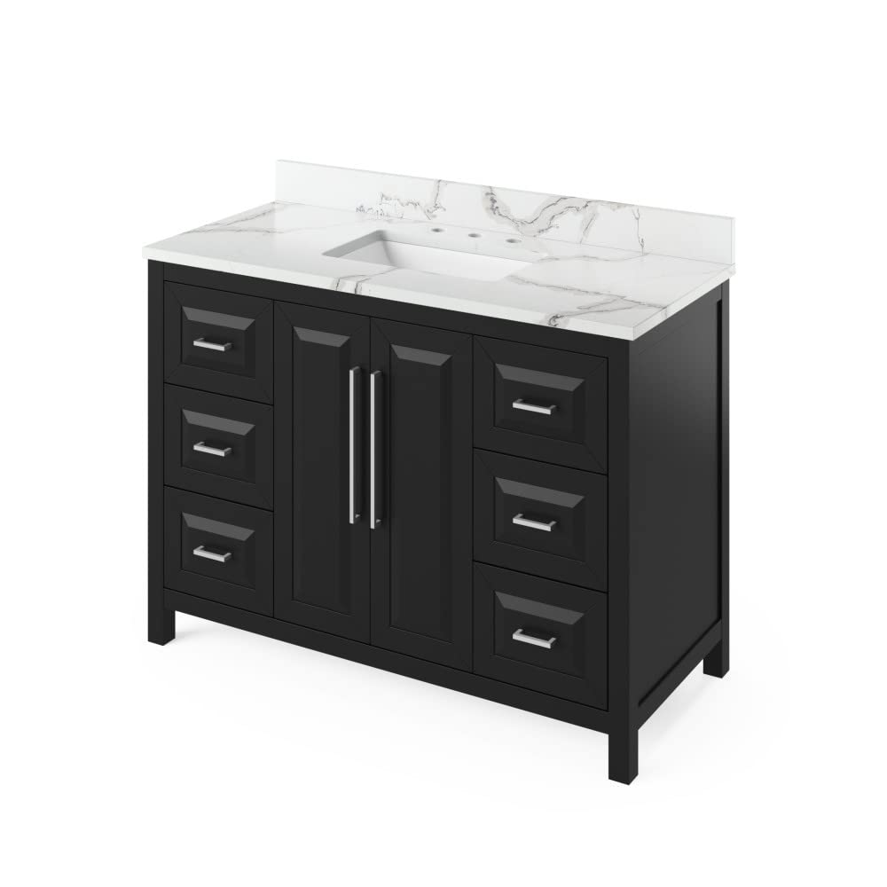 Jeffrey Alexander VKITCAD48BKCQR 48" Black Cade Vanity, Calacatta Vienna Quartz Vanity Top, undermount rectangle bowl